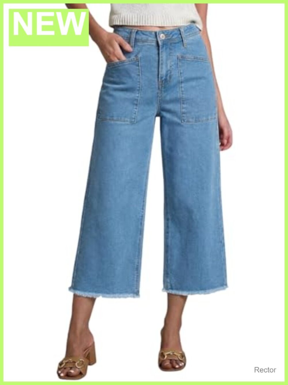 Womens Wide Leg Baggy Capri Jeans High Waisted Stretchy Raw Hem Denim Pants